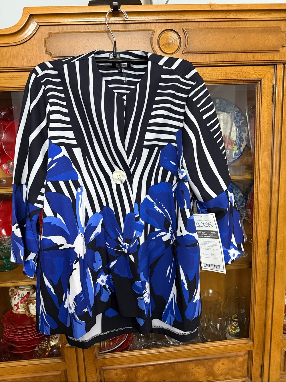 Women’s Blue Floral & Stripe V-Neck Tunic with Single Button Accent